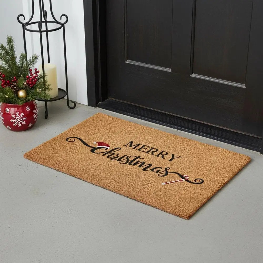 24" X 36" Brown And Black Christmas Merry Christmas Outdoor Coir Door Mat - NOVA HOME FURNITURE
