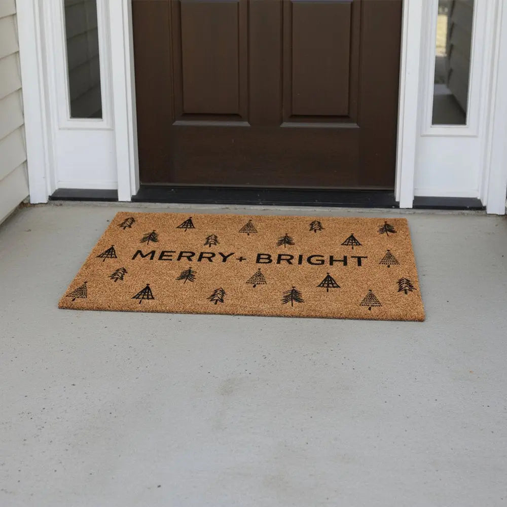 24" X 36" Brown And Black Christmas Trees Merry and Bright Outdoor Coir Door Mat - NOVA HOME FURNITURE