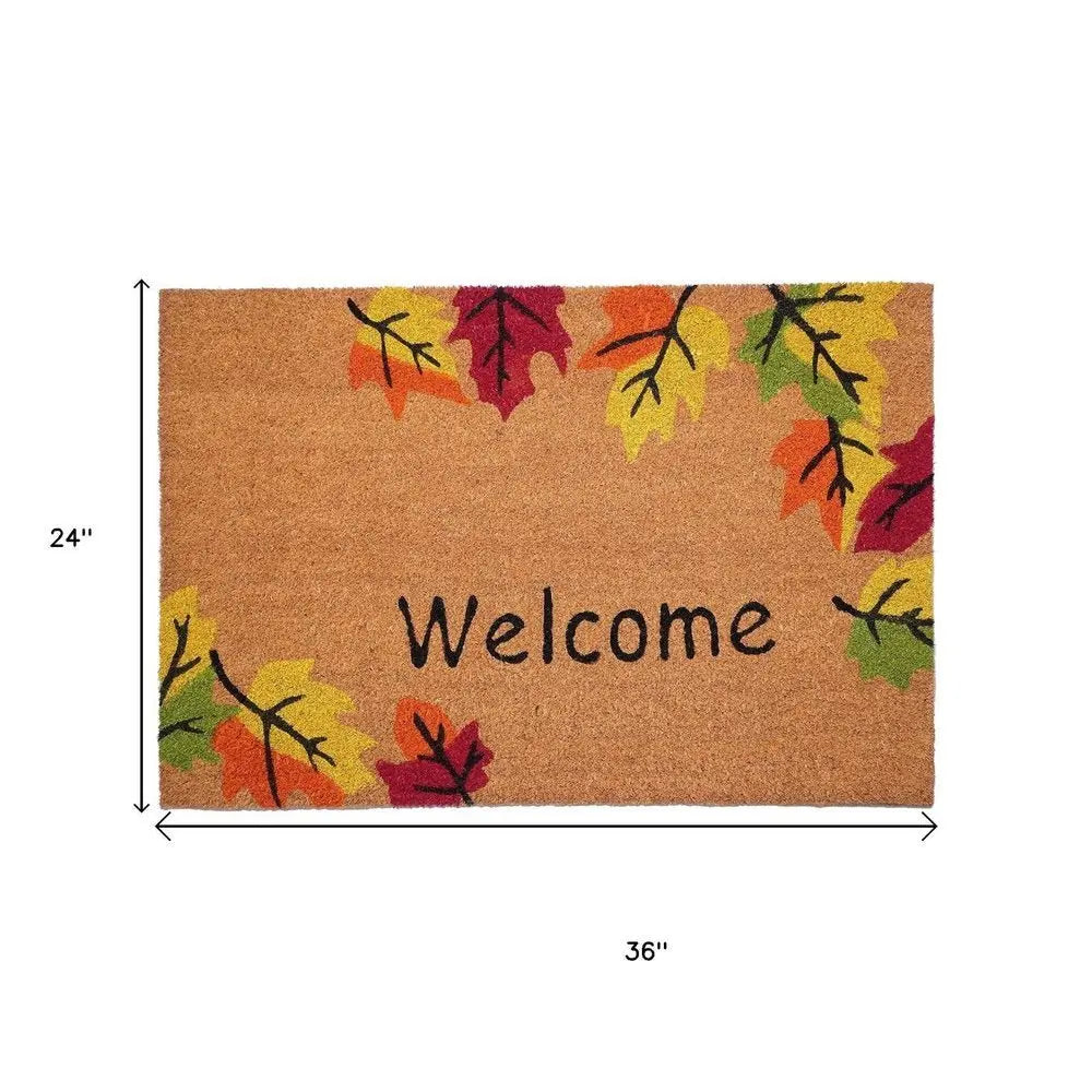 24" X 36" Brown And Natural Fall Leaves Welcome Outdoor Coir Door Mat - NOBLE HOME INTERIORS