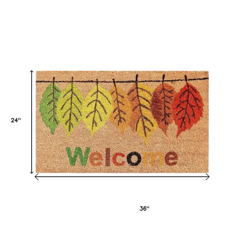 24" X 36" Brown And Natural Fall Leaves Welcome Outdoor Coir Door Mat - NOVA HOME FURNITURE