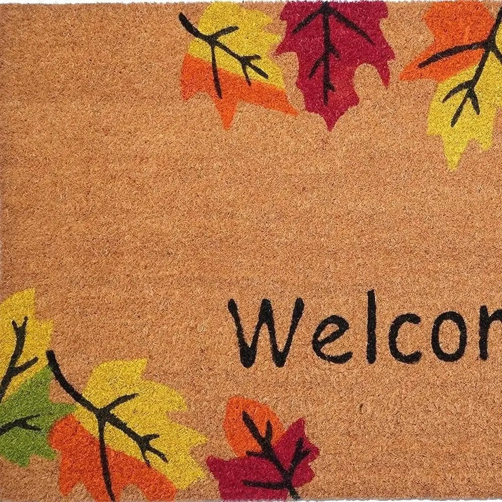 24" X 36" Brown And Natural Fall Leaves Welcome Outdoor Coir Door Mat - NOBLE HOME INTERIORS