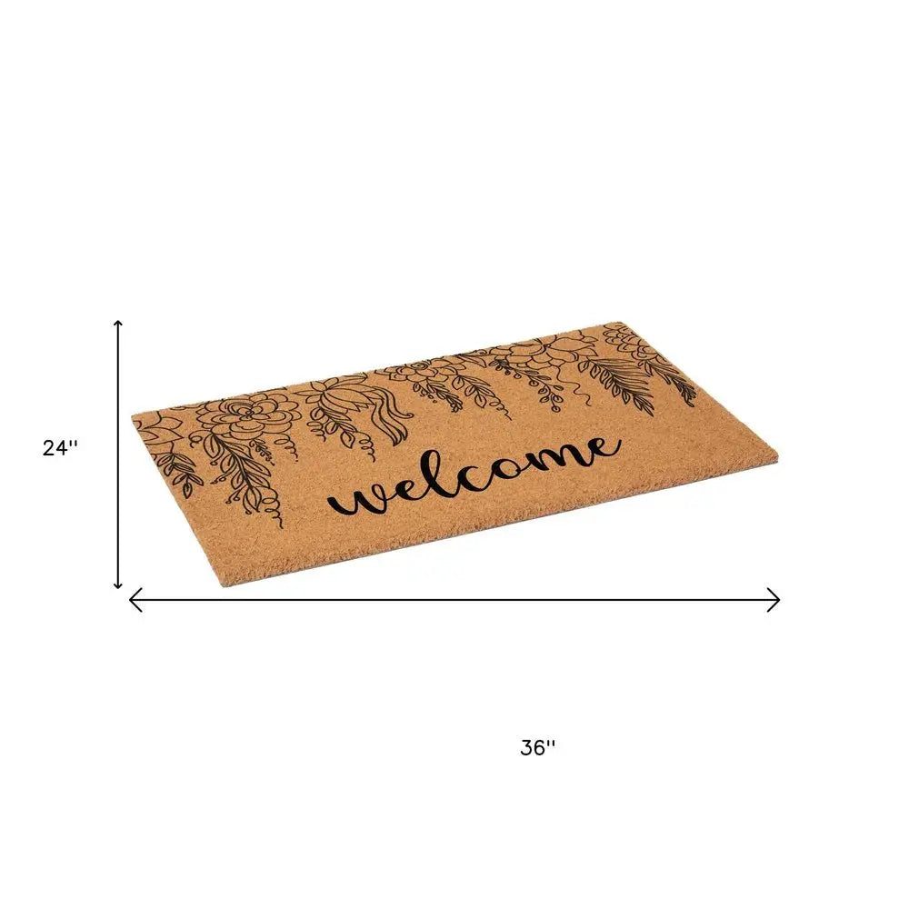 24" X 36" Brown And Natural Floral Welcome Outdoor Coir Door Mat - NOVA HOME FURNITURE