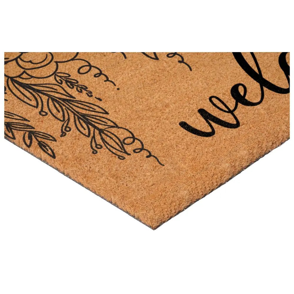 24" X 36" Brown And Natural Floral Welcome Outdoor Coir Door Mat - NOVA HOME FURNITURE