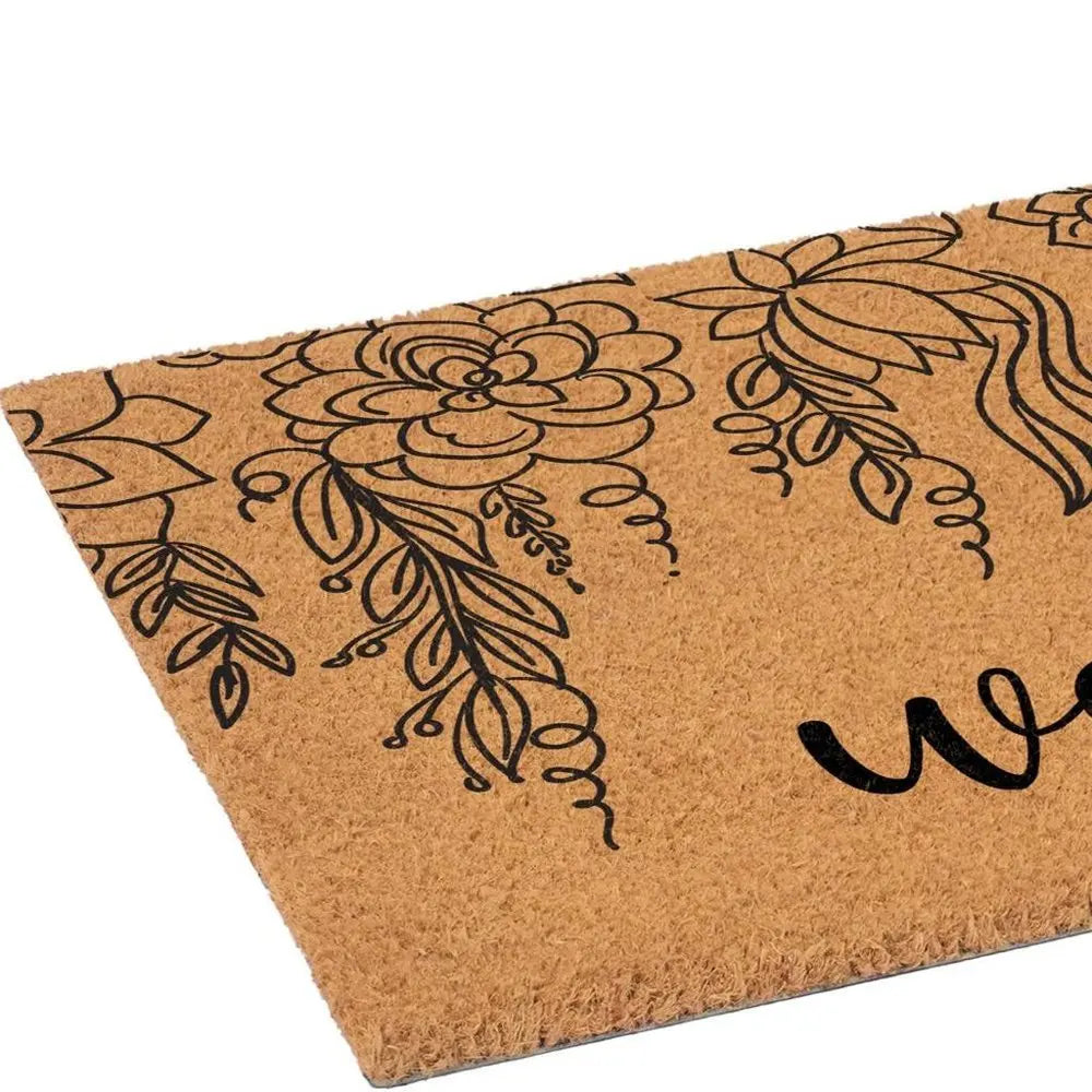 24" X 36" Brown And Natural Floral Welcome Outdoor Coir Door Mat - NOVA HOME FURNITURE