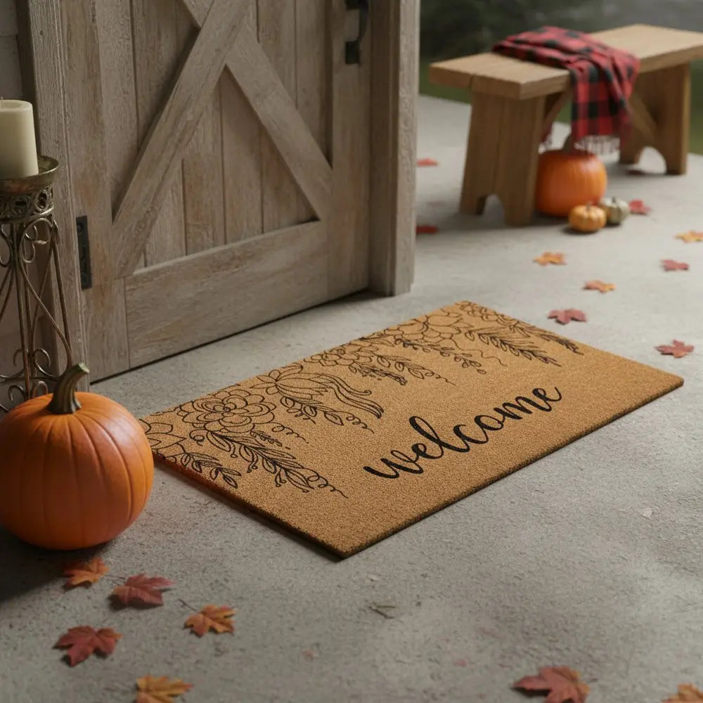 24" X 36" Brown And Natural Floral Welcome Outdoor Coir Door Mat - NOVA HOME FURNITURE