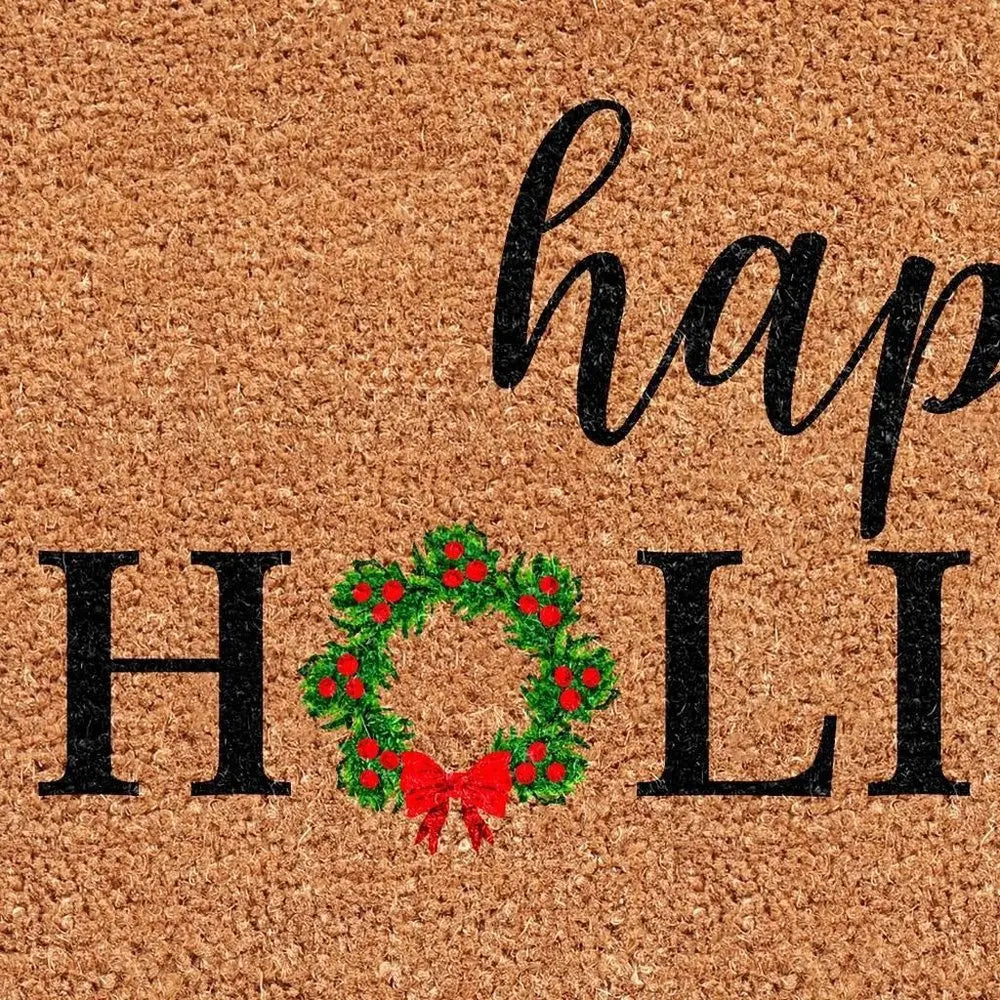 24" X 36" Brown Black And Green Christmas Happy Holidays Outdoor Coir Door Mat - NOVA HOME FURNITURE