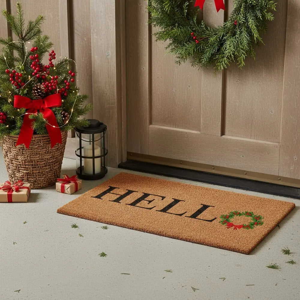 24" X 36" Brown Black And Green Christmas Outdoor Coir Door Mat - NOVA HOME FURNITURE