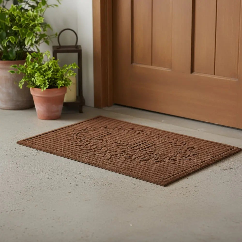 24" X 36" Brown Striped Hello Outdoor Polypropylene Door Mat - NOBLE HOME INTERIORS