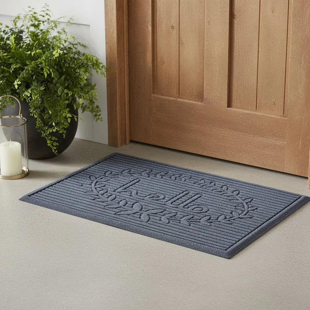 24" X 36" Dark Gray Striped Hello Outdoor Polypropylene Door Mat - NOBLE HOME INTERIORS