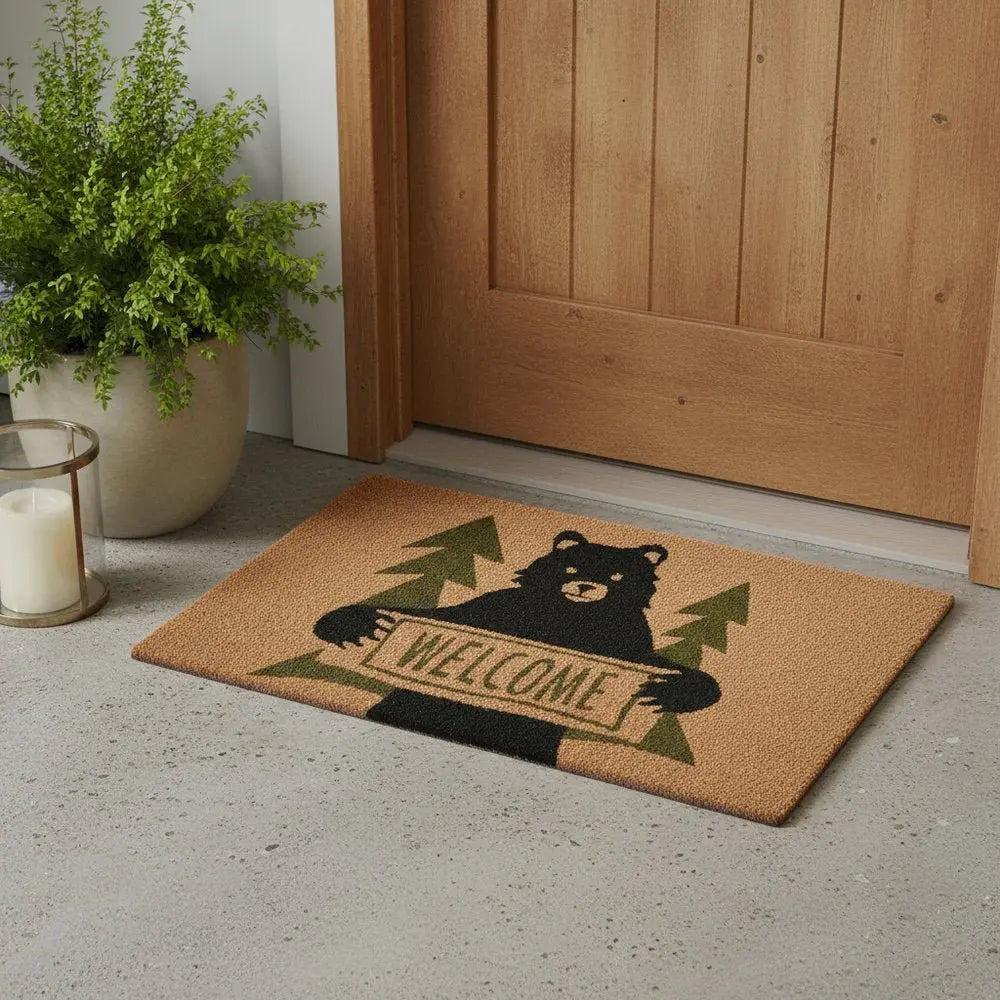 24" X 36" Natural And Black Coir Bear Outdoor Door Mat - NOBLE HOME INTERIORS