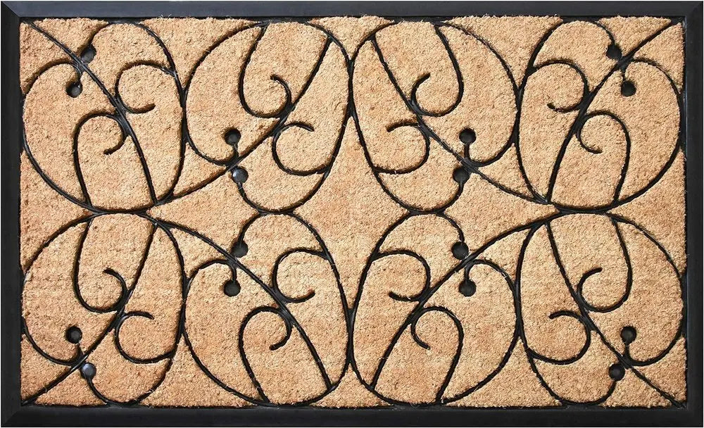 24" X 36" Natural and Black Coir Botanical Leaves Outdoor Door Mat - NOBLE HOME INTERIORS
