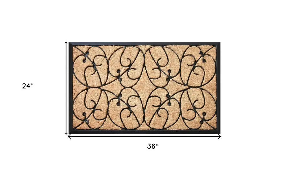 24" X 36" Natural and Black Coir Botanical Leaves Outdoor Door Mat - NOBLE HOME INTERIORS