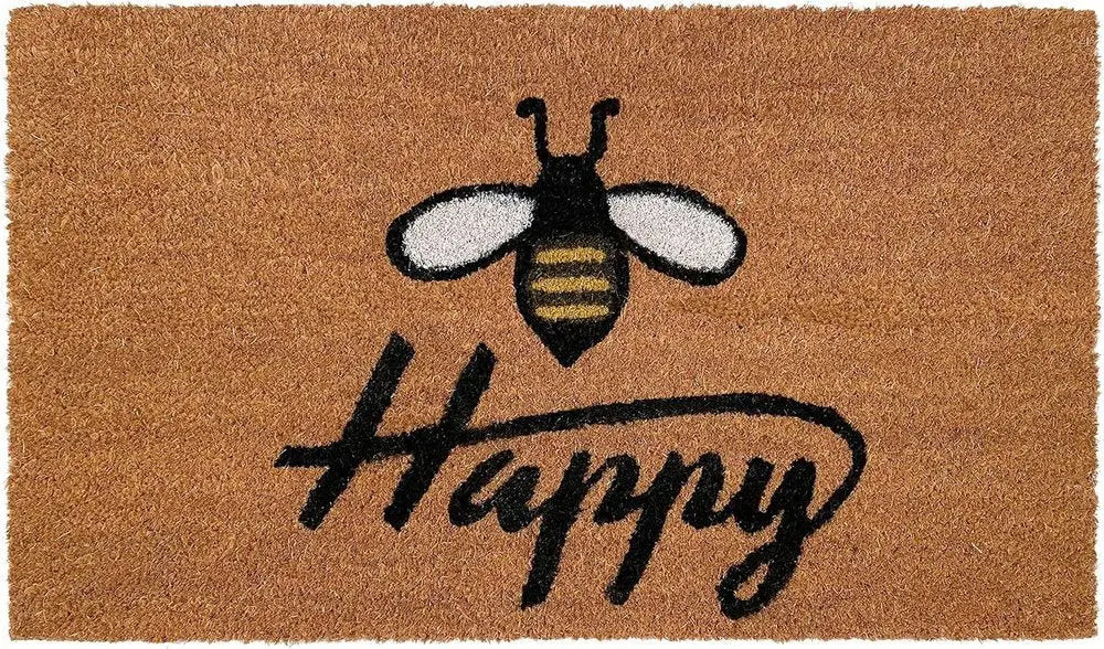 24" X 36" Natural and Black Coir Bumblee Bee Happy Outdoor Door Mat - NOBLE HOME INTERIORS