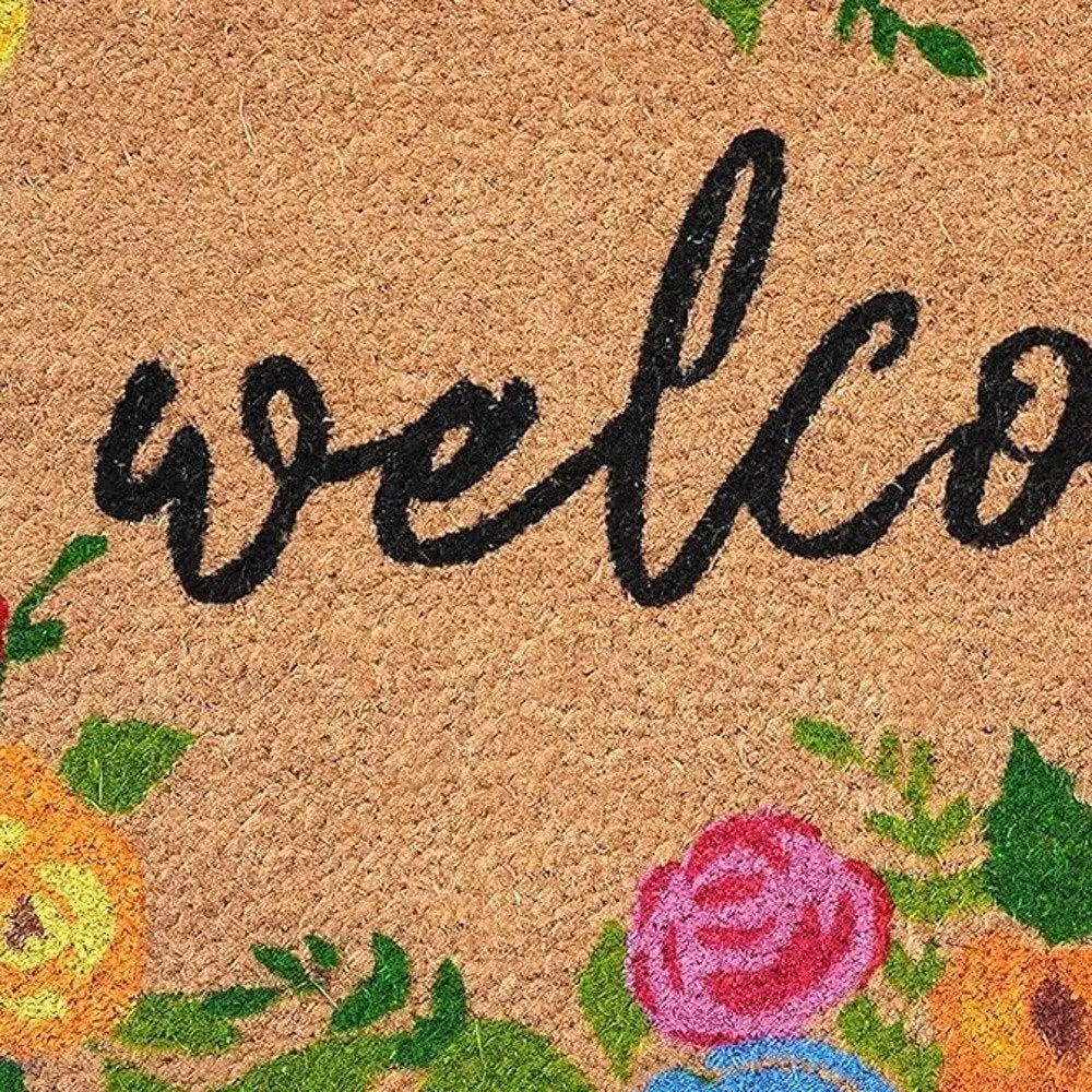 24" X 36" Natural and Black Coir Floral Welcome Outdoor Door Mat - NOBLE HOME INTERIORS