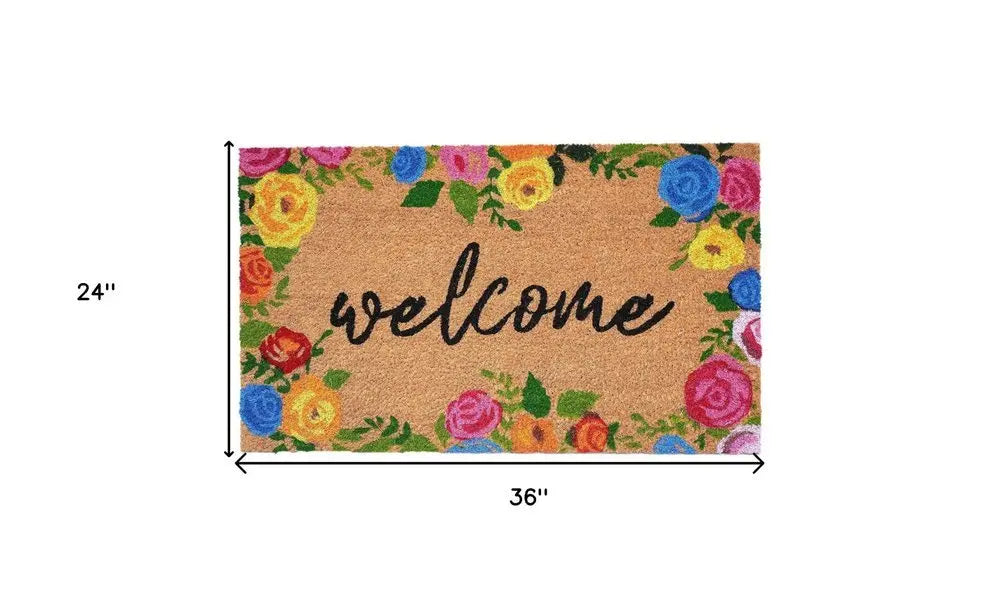 24" X 36" Natural and Black Coir Floral Welcome Outdoor Door Mat - NOBLE HOME INTERIORS