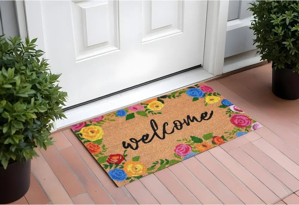 24" X 36" Natural and Black Coir Floral Welcome Outdoor Door Mat - NOBLE HOME INTERIORS
