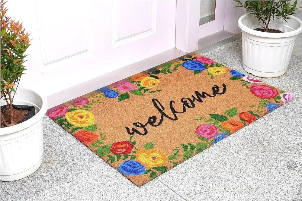 24" X 36" Natural and Black Coir Floral Welcome Outdoor Door Mat - NOBLE HOME INTERIORS