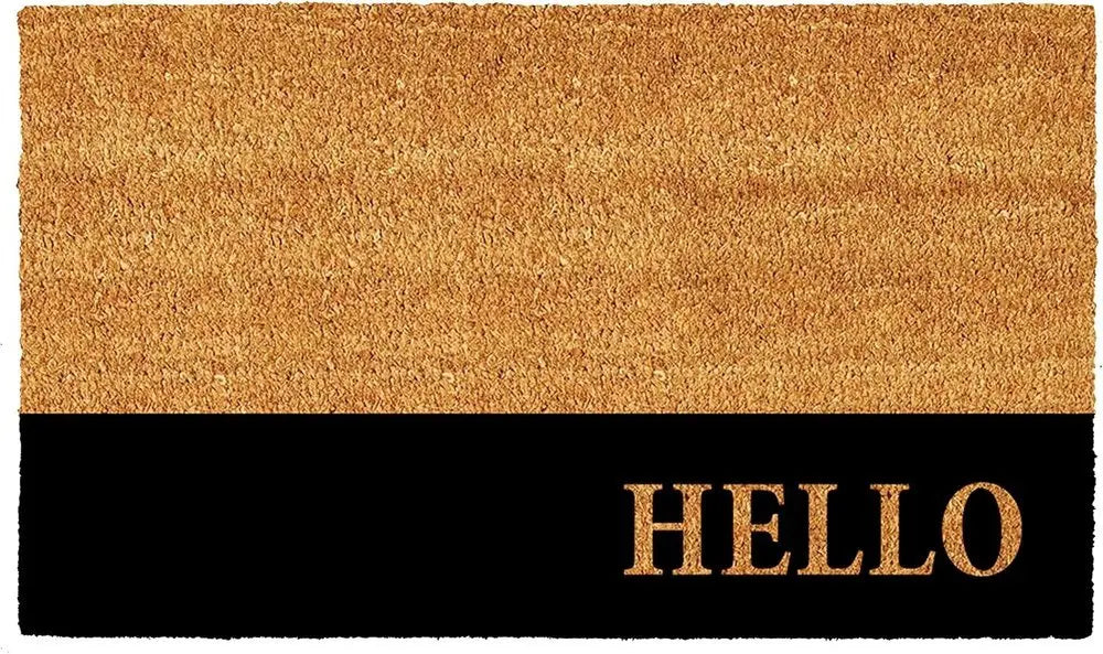 24" X 36" Natural And Black Color Block Hello Outdoor Coir Door Mat - NOBLE HOME INTERIORS