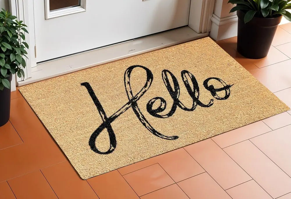 24" X 36" Natural And Black Hello Distressed Outdoor Coir Door Mat - NOBLE HOME INTERIORS