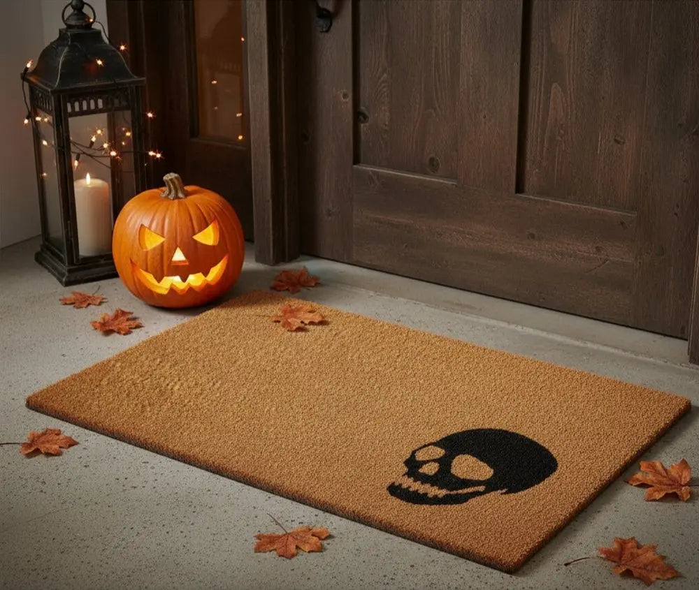 24" X 36" Natural And Brown Halloween Skull Outdoor Coir Door Mat - NOVA HOME FURNITURE