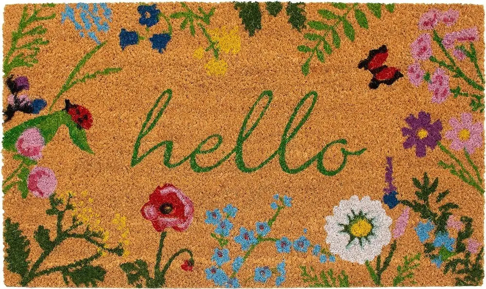 24" X 36" Natural and Green Coir Floral Hello Outdoor Door Mat - NOBLE HOME INTERIORS