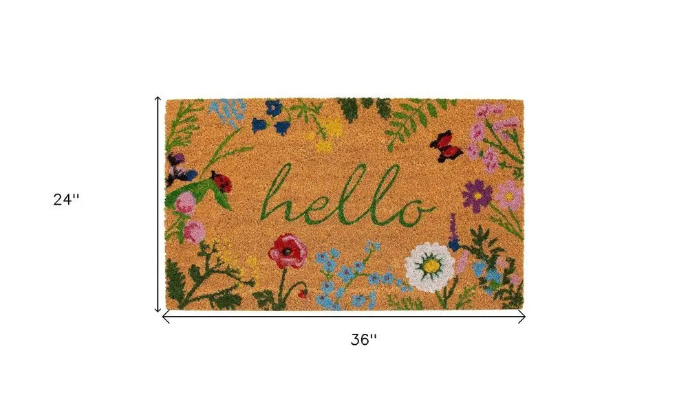 24" X 36" Natural and Green Coir Floral Hello Outdoor Door Mat - NOBLE HOME INTERIORS