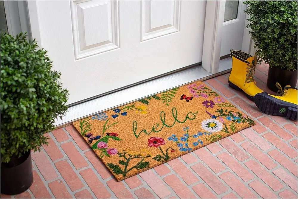 24" X 36" Natural and Green Coir Floral Hello Outdoor Door Mat - NOBLE HOME INTERIORS