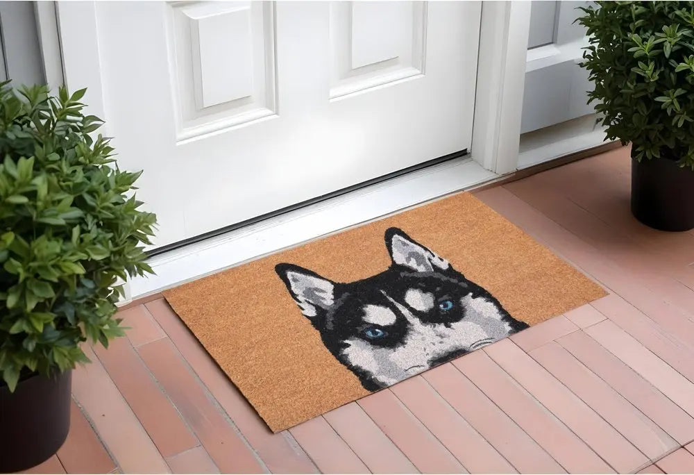 24" X 36" Natural Black and White Coir Siberian Husky Outdoor Door Mat - NOBLE HOME INTERIORS