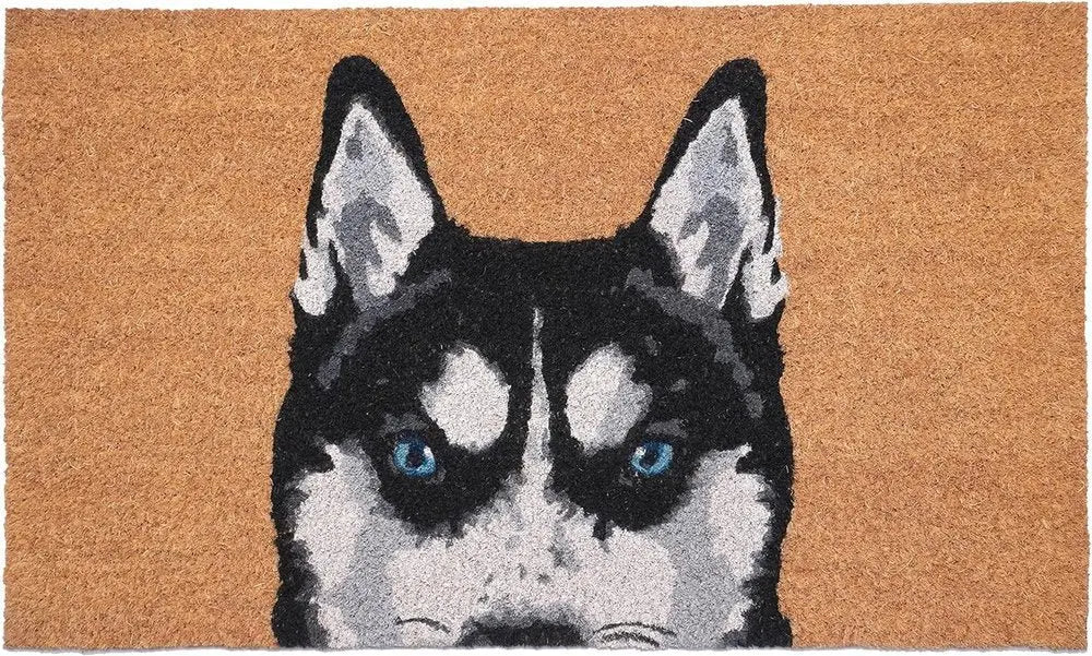 24" X 36" Natural Black and White Coir Siberian Husky Outdoor Door Mat - NOBLE HOME INTERIORS