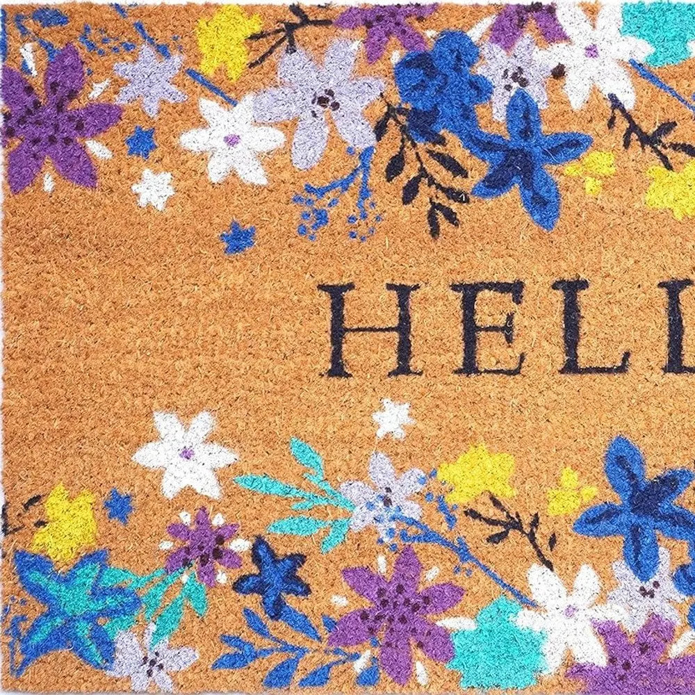 24" X 36" Natural Blue and Purple Coir Floral Hello Outdoor Door Mat - NOBLE HOME INTERIORS