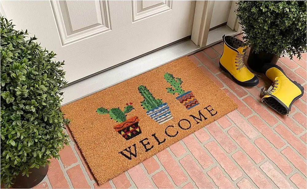 24" X 36" Natural Green and Black Coir Cactus Welcome Outdoor Door Mat - NOBLE HOME INTERIORS