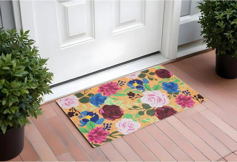 24" X 36" Natural Pink and Green Coir Floral Outdoor Door Mat - NOBLE HOME INTERIORS