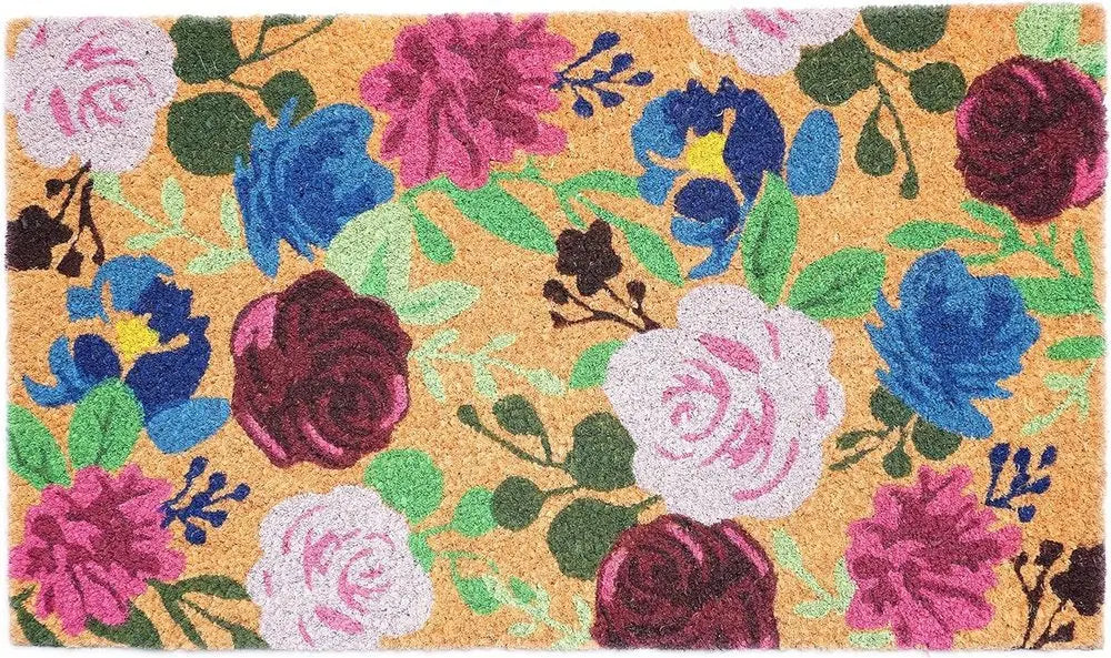 24" X 36" Natural Pink and Green Coir Floral Outdoor Door Mat - NOBLE HOME INTERIORS
