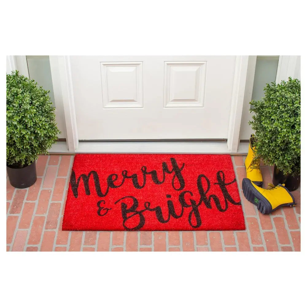 24" X 36" Red and Black Coir Merry and Bright Outdoor Christmas Door Mat - NOBLE HOME INTERIORS