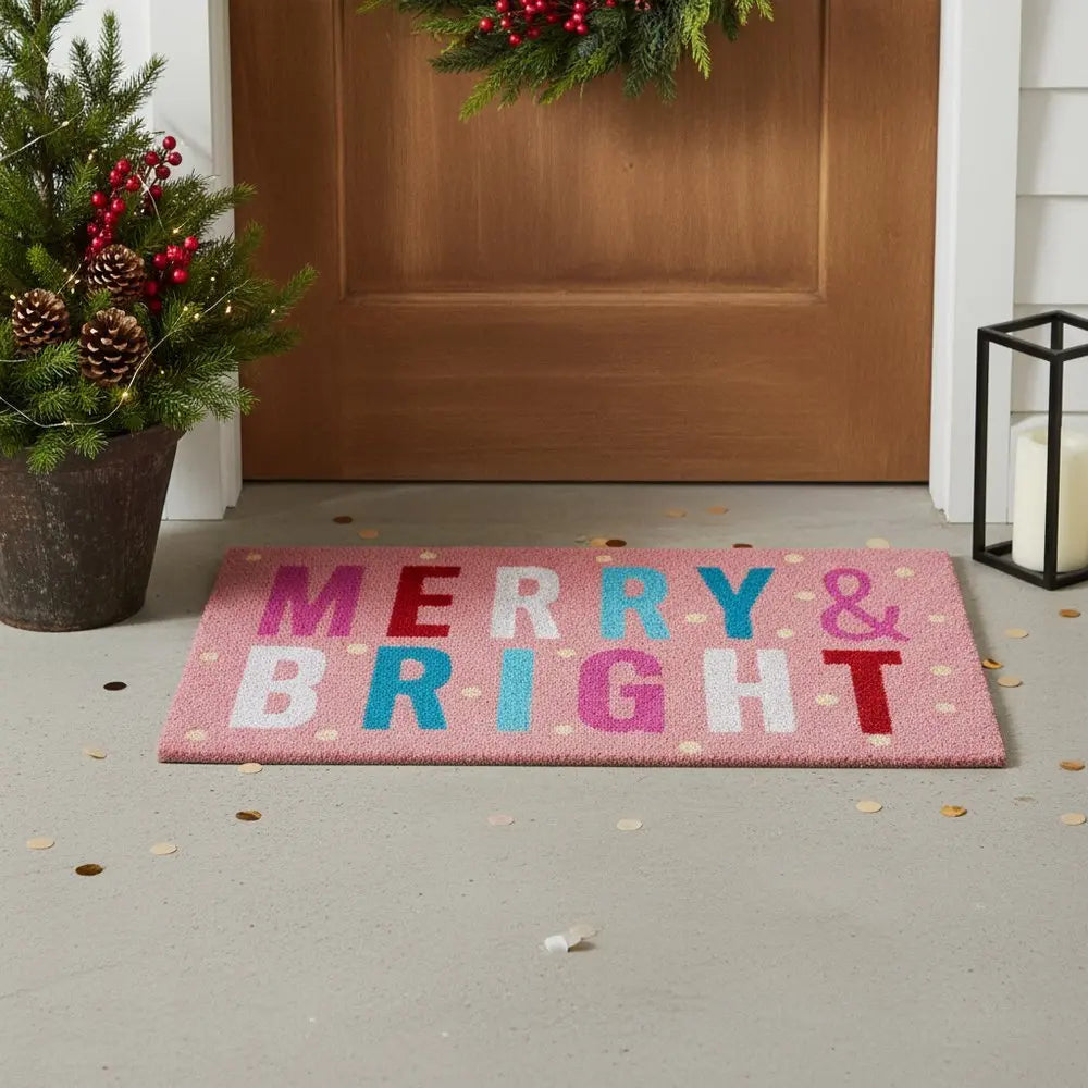 24" X 36" Red and Black Coir Merry and Bright Outdoor Christmas Door Mat - NOBLE HOME INTERIORS