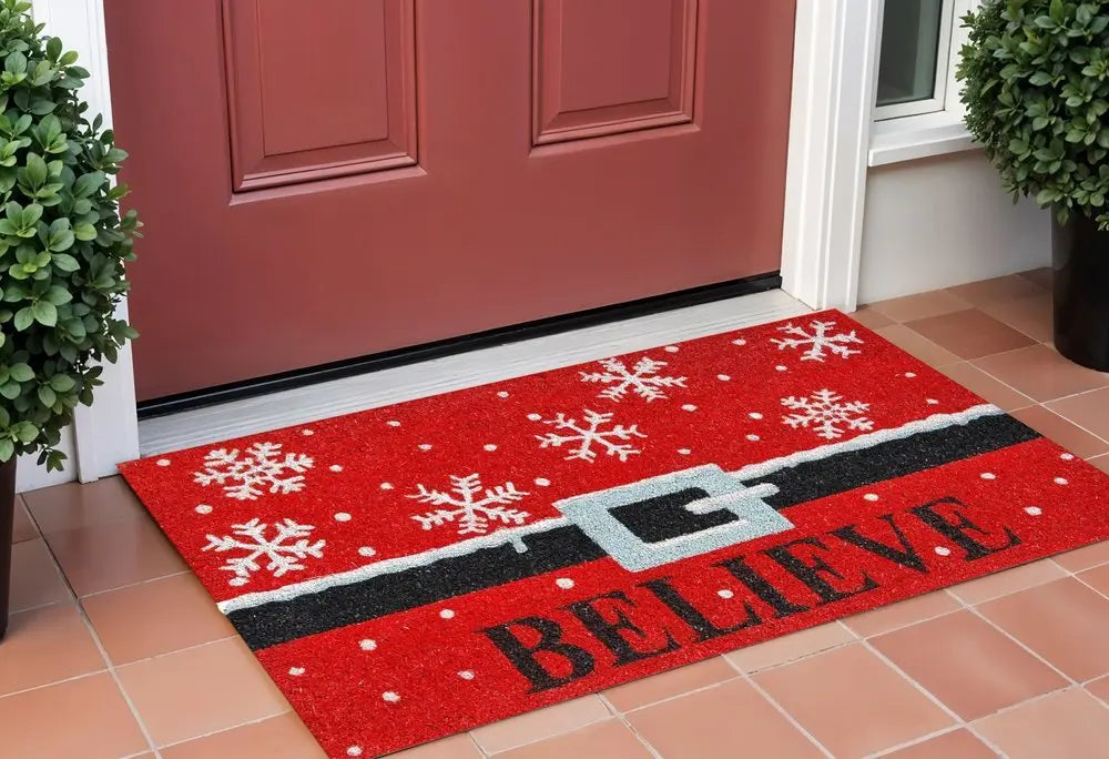 24" X 36" Red And Black Coir Snowflake Outdoor Christmas Door Mat - NOBLE HOME INTERIORS