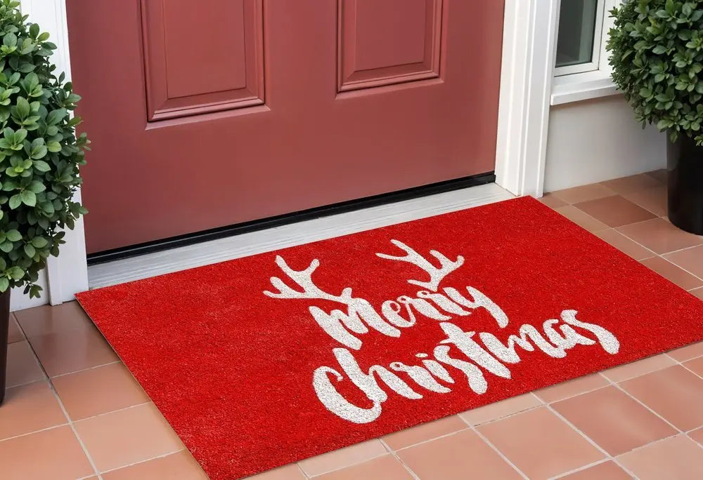 24" X 36" Red And White Coir Reindeer Outdoor Christmas Door Mat - NOBLE HOME INTERIORS
