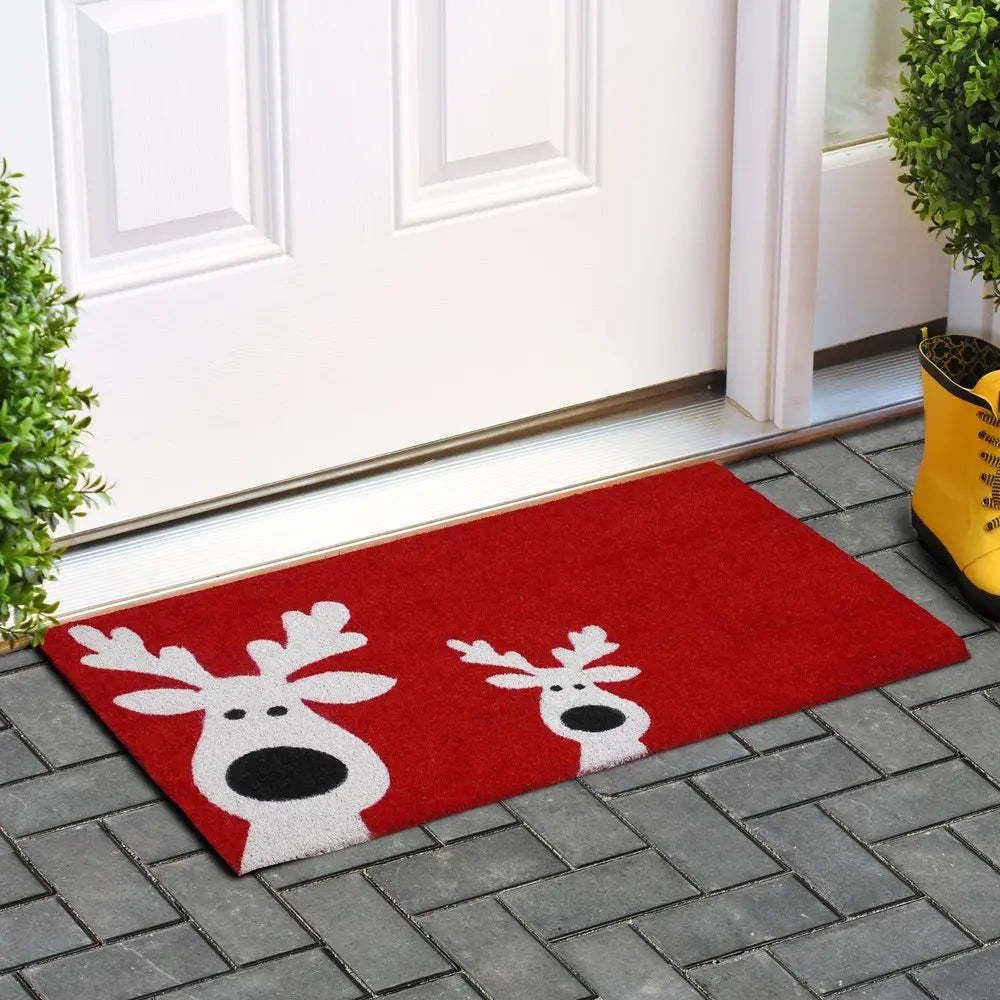 24" X 36" Red White And Black Christmas Reindeer Outdoor Coir Door Mat - NOBLE HOME INTERIORS