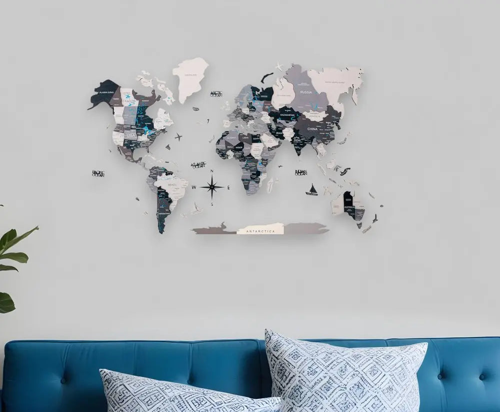 24" X 39" Black Gray and White Wood World Map Hanging Dimensional Sculpture - NOBLE HOME INTERIORS