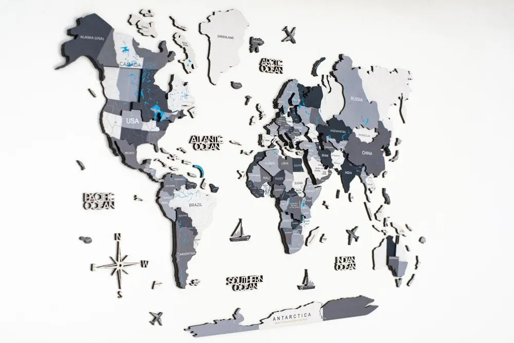 24" X 39" Black Gray and White Wood World Map Hanging Dimensional Sculpture - NOBLE HOME INTERIORS