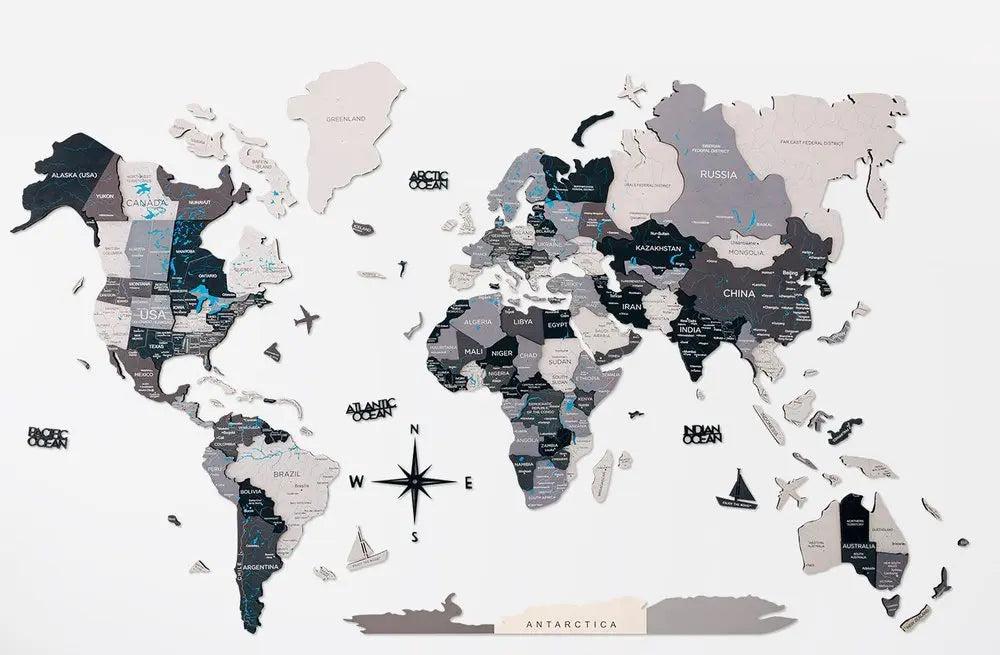 24" X 39" Black Gray and White Wood World Map Hanging Dimensional Sculpture - NOBLE HOME INTERIORS