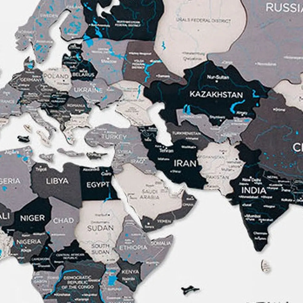 24" X 39" Black Gray and White Wood World Map Hanging Dimensional Sculpture - NOBLE HOME INTERIORS