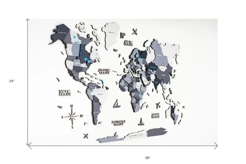 24" X 39" Black Gray and White Wood World Map Hanging Dimensional Sculpture - NOBLE HOME INTERIORS
