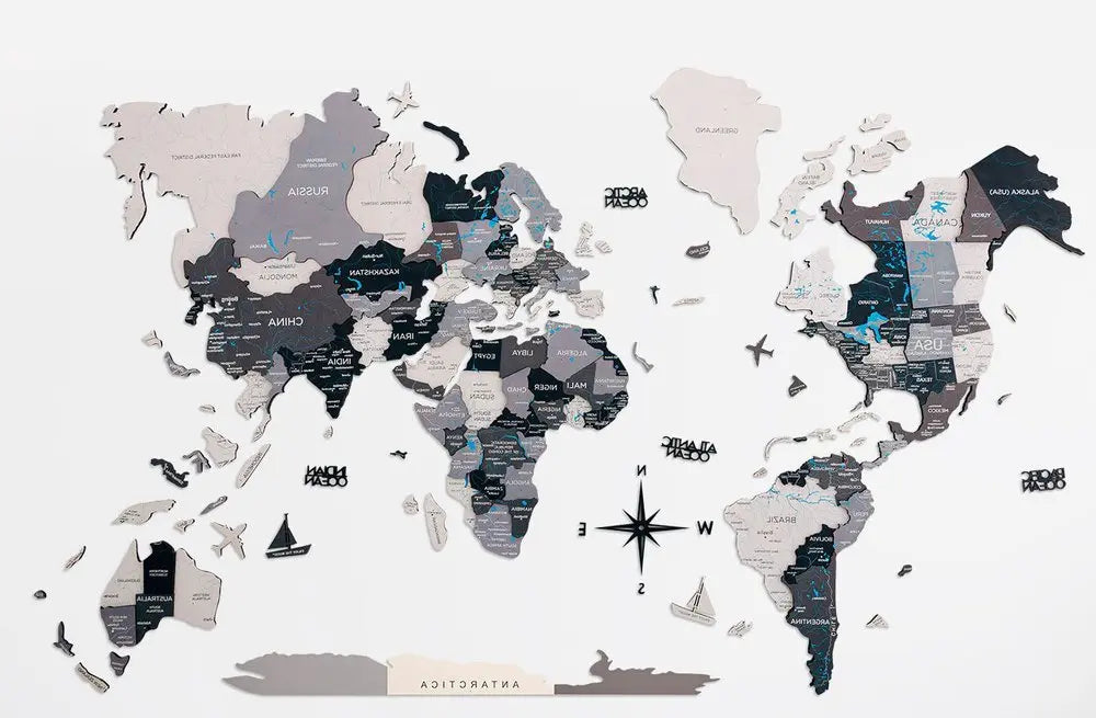 24" X 39" Black Gray and White Wood World Map Hanging Dimensional Sculpture - NOBLE HOME INTERIORS