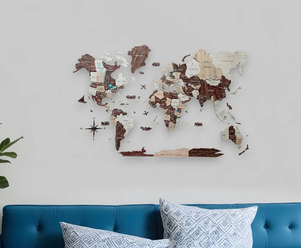 24" X 39" Brown and Beige Wood World Map Hanging Dimensional Sculpture - NOBLE HOME INTERIORS