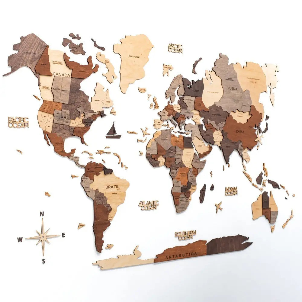 24" X 39" Brown and Beige Wood World Map Hanging Dimensional Sculpture - NOBLE HOME INTERIORS