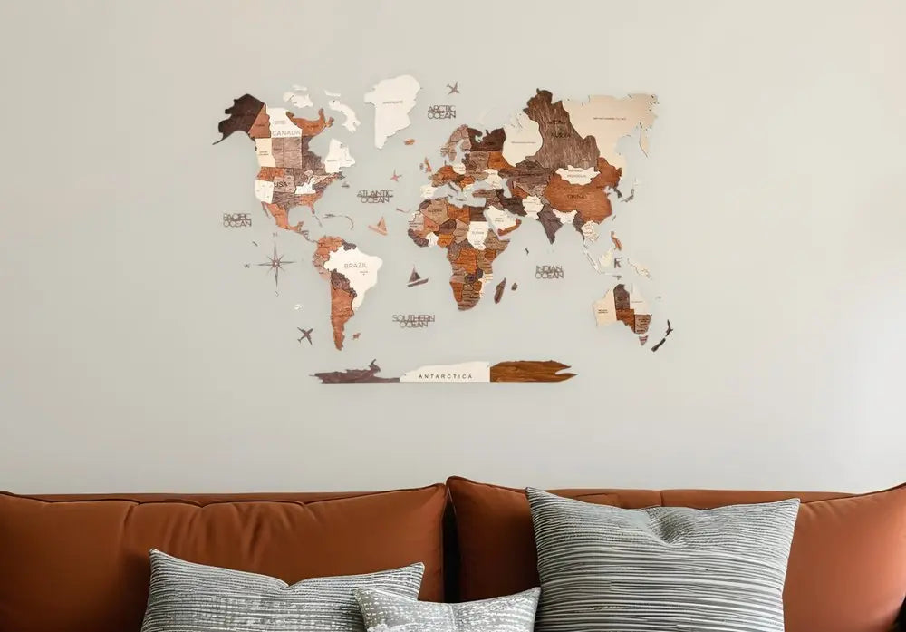 24" X 39" Brown and Beige Wood World Map Hanging Dimensional Sculpture - NOBLE HOME INTERIORS