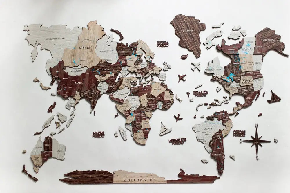 24" X 39" Brown and Beige Wood World Map Hanging Dimensional Sculpture - NOBLE HOME INTERIORS