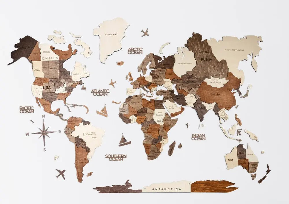 24" X 39" Brown and Beige Wood World Map Hanging Dimensional Sculpture - NOBLE HOME INTERIORS