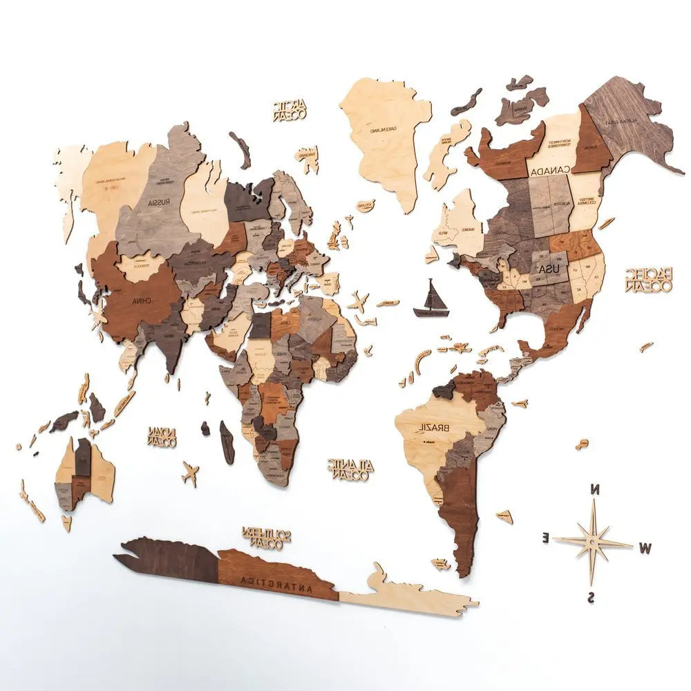 24" X 39" Brown and Beige Wood World Map Hanging Dimensional Sculpture - NOBLE HOME INTERIORS